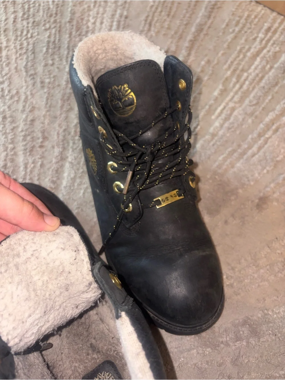 Timberland Black Leather Lace-Up Ankle Boots with Gold-Tone Accents